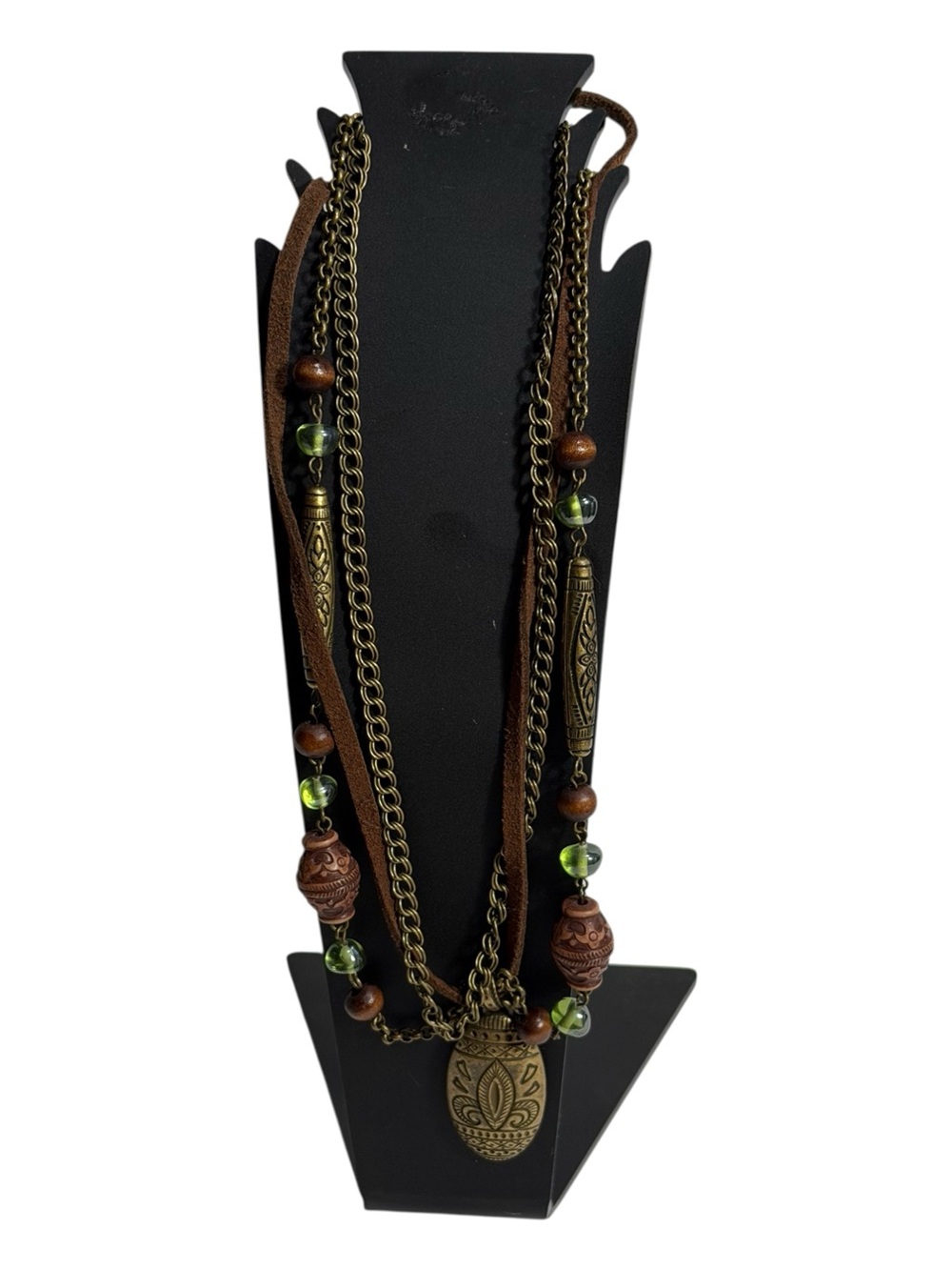 Earthy Fairycore Coldwater Creek Layered Necklace Green Brown Suede Boho Tribal
